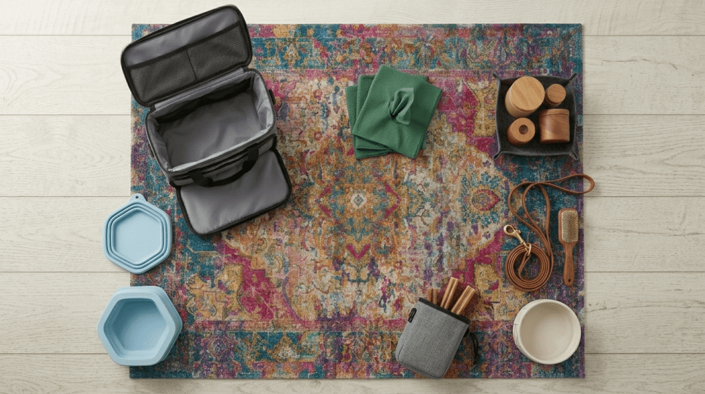 Flat-lay of small dog travel products including a travel bag, collapsible bowls, and pet wipes