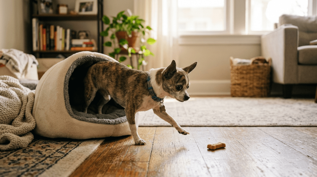Nervous rescue Chihuahua slowly stepping out of a small bed toward a treat. First 30 days with a rescue.