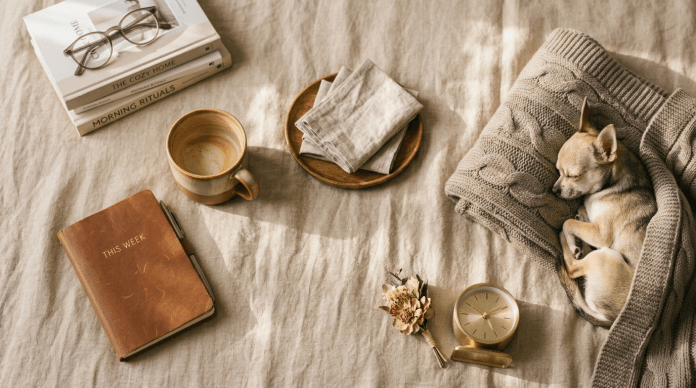 Weekly Chihuahua stories roundup with a notebook, coffee, blanket, and a sleeping Chihuahua
