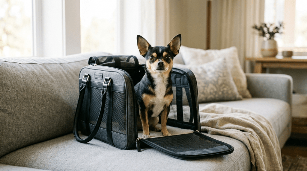 Small Chihuahua sitting calmly inside a soft-sided travel carrier as part of the Chihuahua stories of the week
