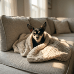 Chihuahua shaking wrapped in a cozy blanket on a couch to stay warm