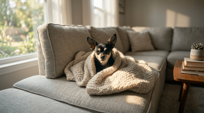 Chihuahua shaking wrapped in a cozy blanket on a couch to stay warm