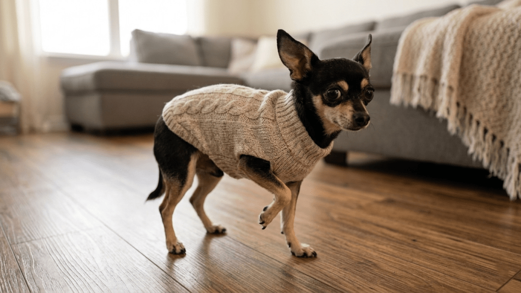 Small Chihuahua trembling in a sweater on a hardwood floor at home