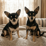 Apple Head and Deer Head Chihuahua sitting side by side on a blanket, showing the head shape difference. Deer head vs apple head Chihuahuas.