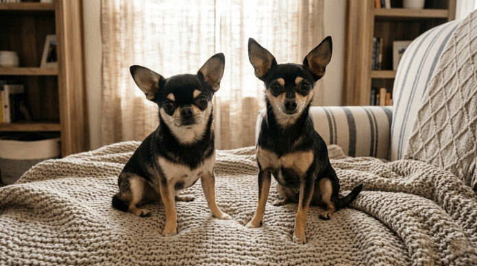 Apple Head and Deer Head Chihuahua sitting side by side on a blanket, showing the head shape difference. Deer head vs apple head Chihuahuas.