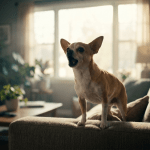 Small Chihuahua mid-bark on a couch by a window, illustrating common Chihuahua barking