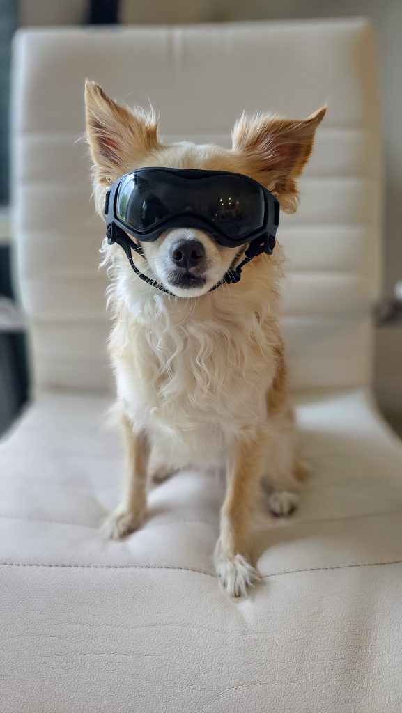 Long hair Chihuahua with dog goggles on.