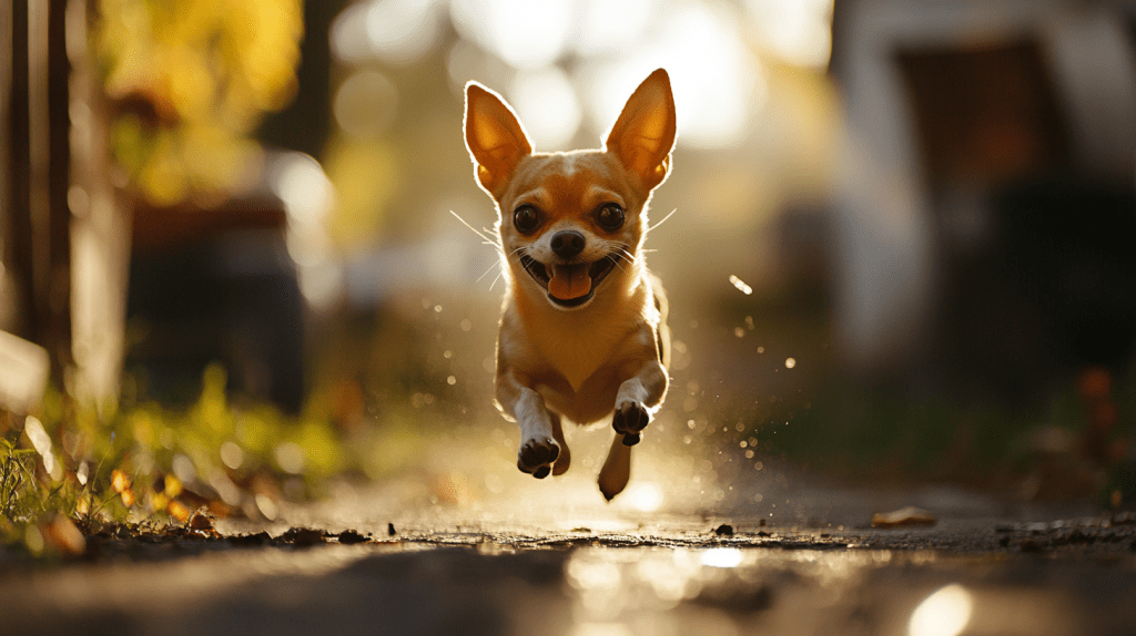 a small dog running on a road