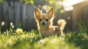 a small dog standing in grass