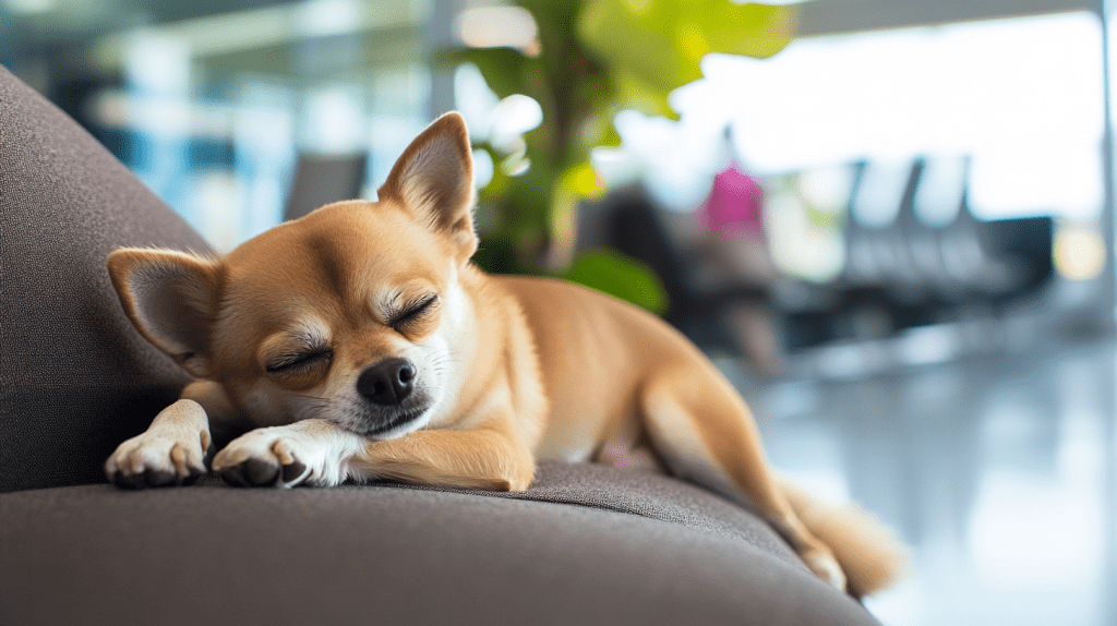 a soccer star chihuahua waiting in an airport terminal