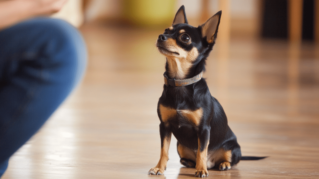 Chihuahua Training Techniques. A small Chihuahua listens to his human's command.