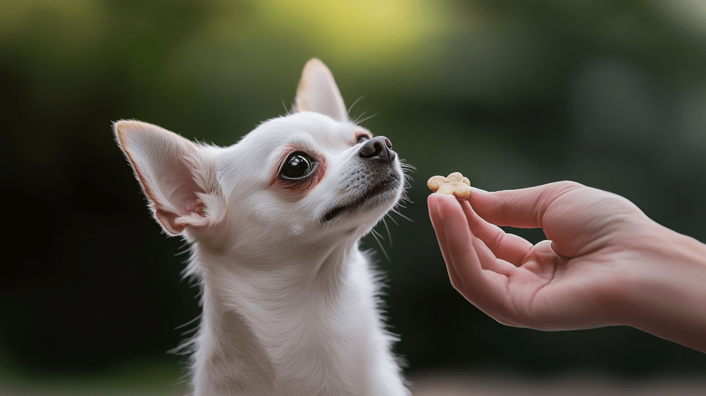 a dog looking at a hand holding a small cookie
