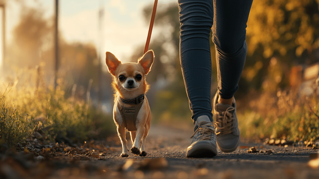 a dog on a leash walking a person's leg