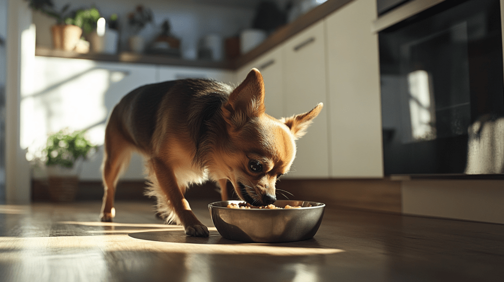 a dog eating from a bowl. chihuahua health tips.