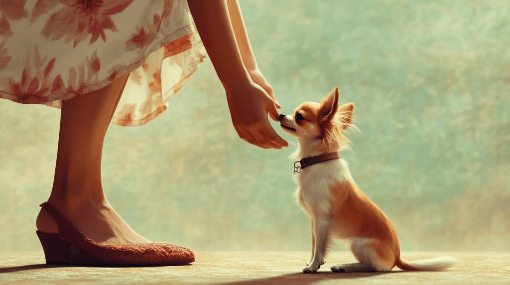 a person's hand touching a small dog