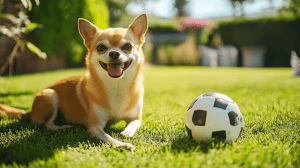 a dog lying on grass with a football ball. soccer star chihuahua