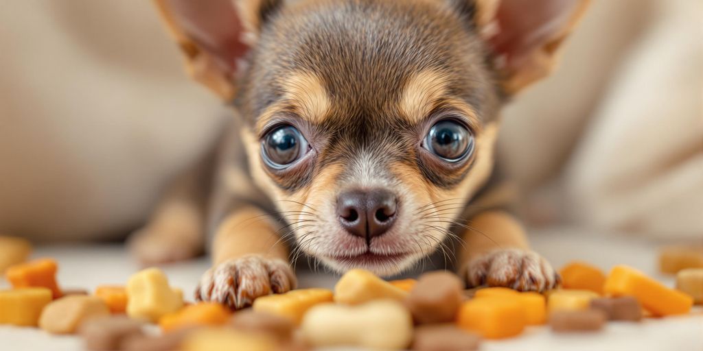 Chihuahua puppy with colorful training treats on the ground.