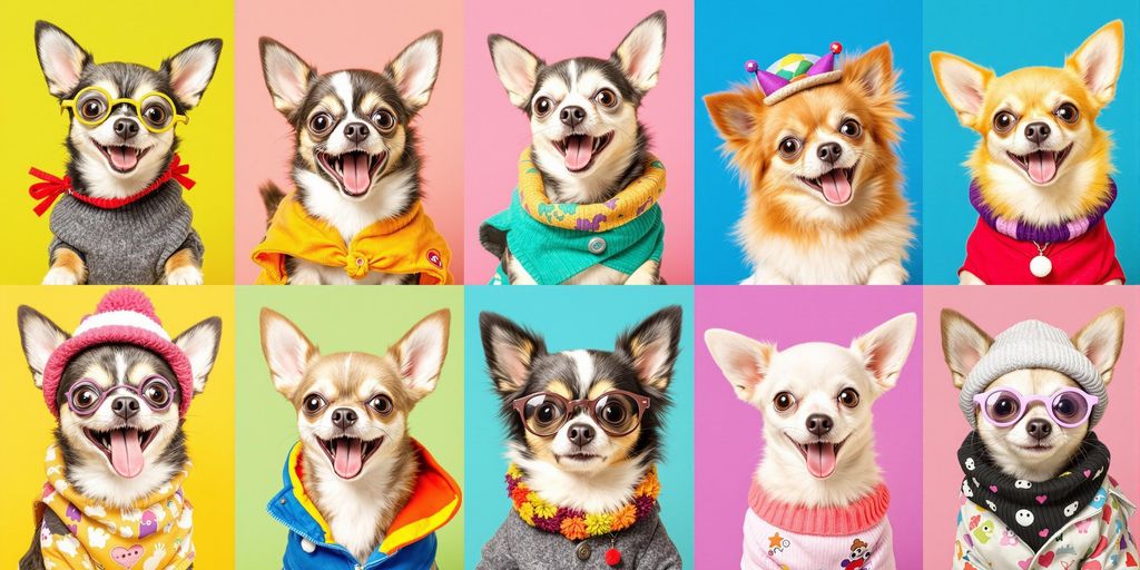 Cute Chihuahuas in funny poses and vibrant colors. Chihuahua behavior is oftentimes misunderstood.