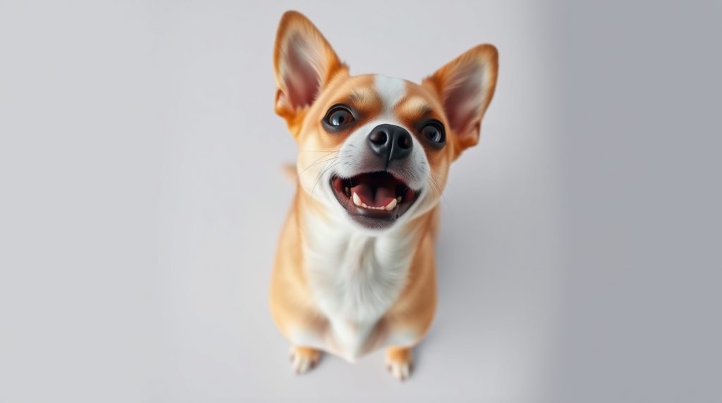 a dog looking up at the camera
