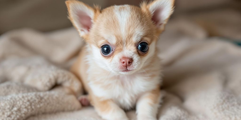 Adorable Chihuahua puppy with fluffy fur and big eyes.