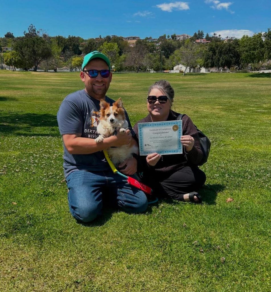 a man and woman sitting on grass holding a certificate and a dog. rescue chihuahua