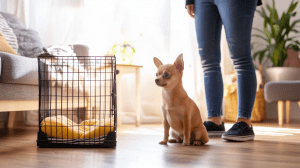 a dog sitting on the floor next to a person's legs ready for crate training