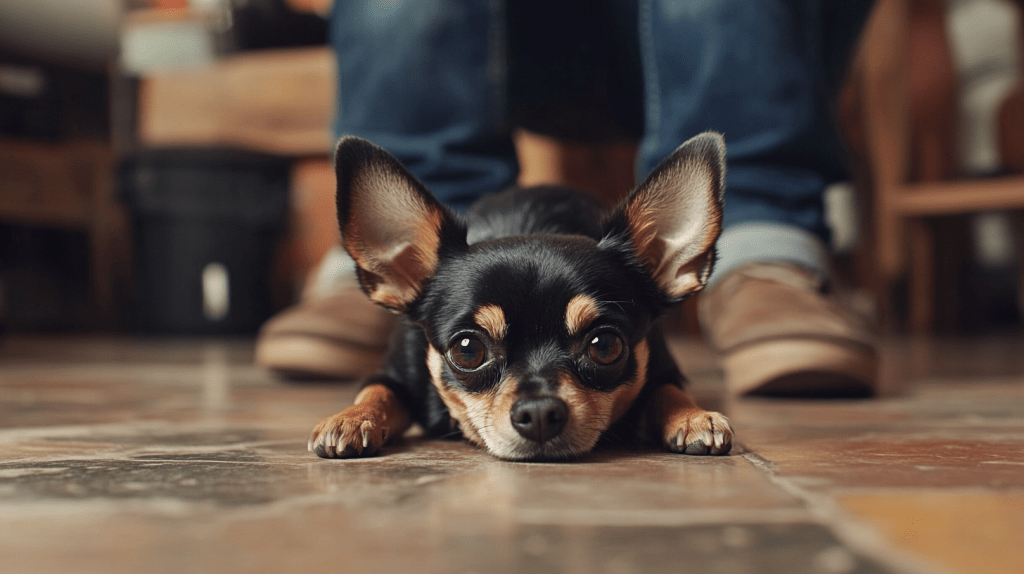 a small dog lying on the floor