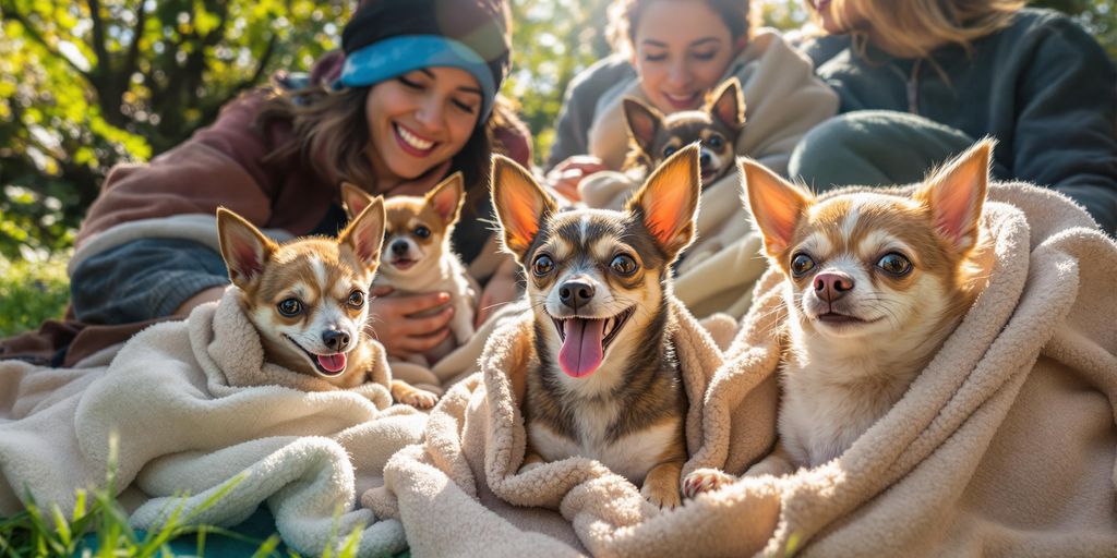 Rescued Chihuahuas cuddled with volunteers in a sunny park.