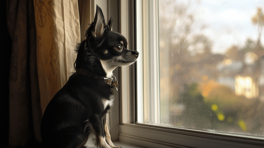 a dog looking out a window