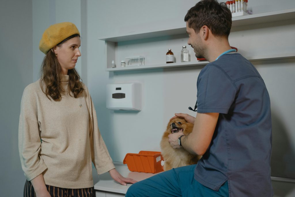 a man and woman looking at a dog