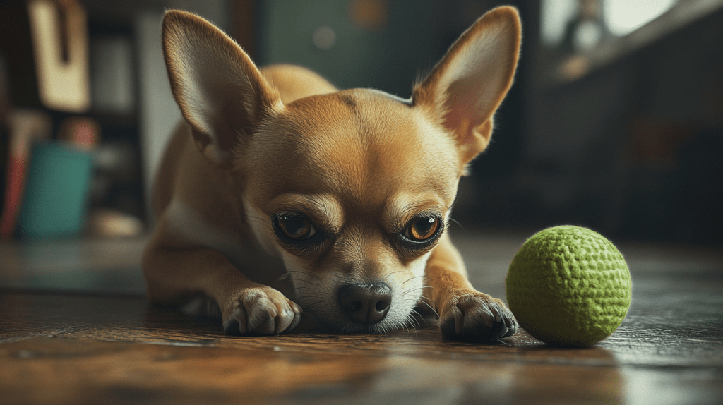 a dog lying on the floor with a ball