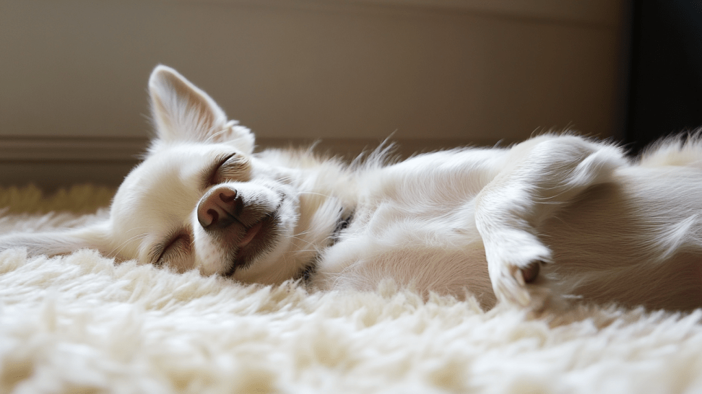 a dog lying on a white carpet