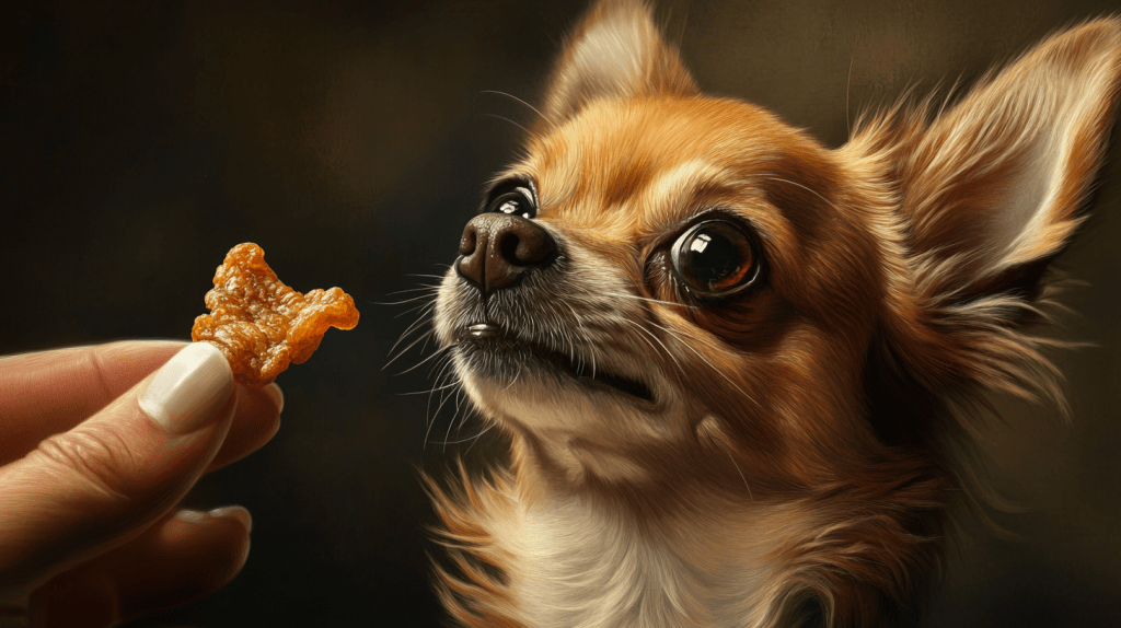 a dog looking at a piece of food. best puppy training treats.
