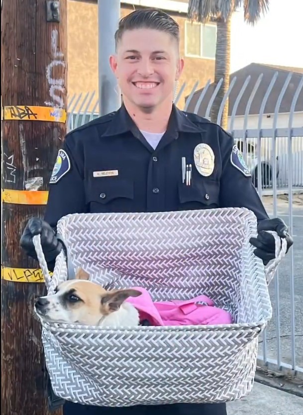 a police officer holding a dog in a basket