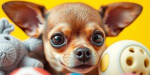 Cute Chihuahua with expressive eyes and playful toys.