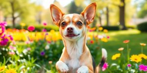 Chihuahua Terrier mix dog playing in a sunny park.