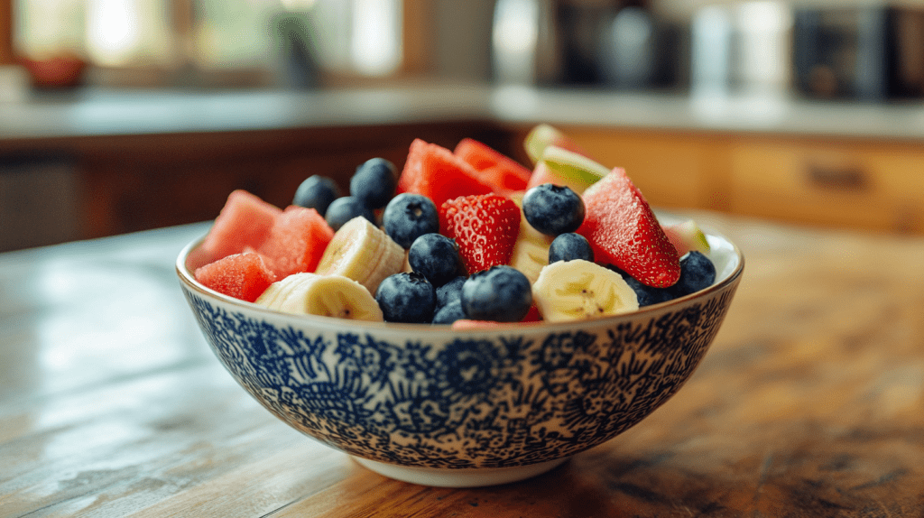 a bowl of fruit on a table