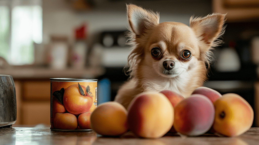a dog next to a can of peaches
