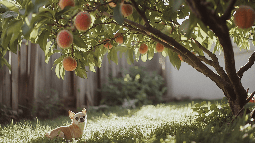 a small dog lying on the grass under a tree with fruit