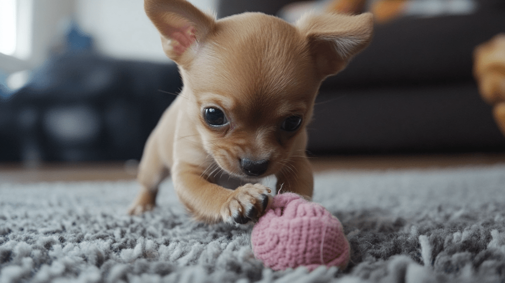 a small dog playing with a ball. training your puppy can be fun