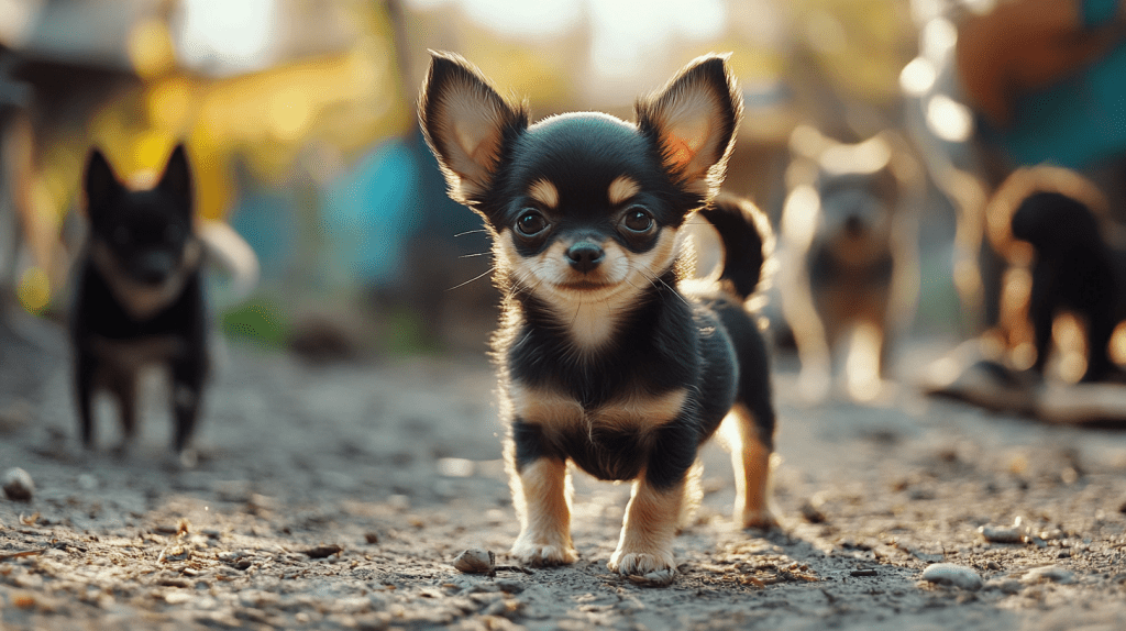 a small black and tan puppy standing on dirt