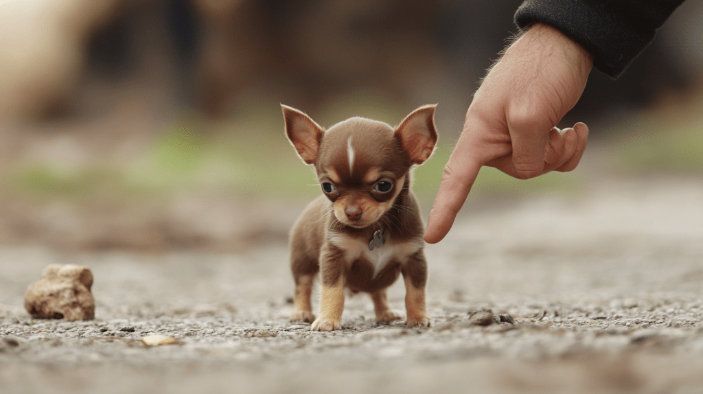 a finger pointing at a small dog