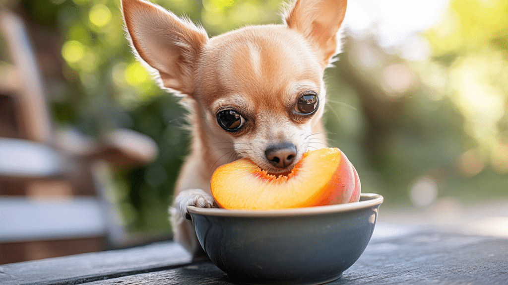a dog eating a fruit in a bowl