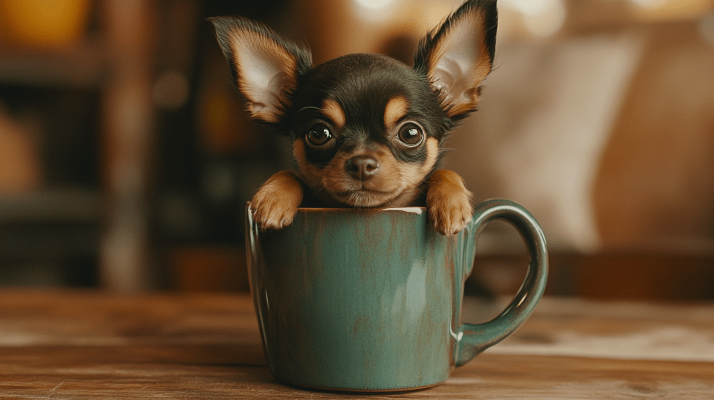 a small dog in a mug
