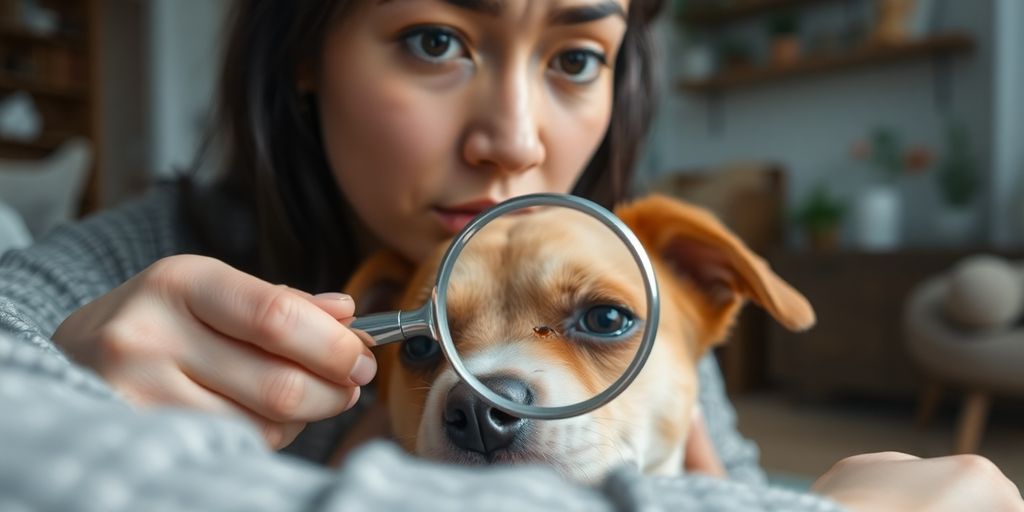 a woman looking at a dog through a magnifying glass