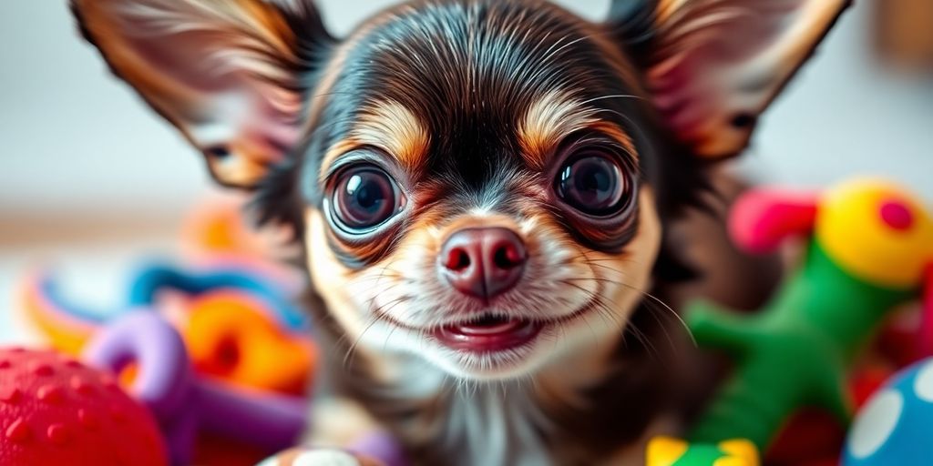 Playful Chihuahua with colorful toys, expressing cuteness and joy.