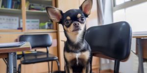 a small dog sitting on a chair